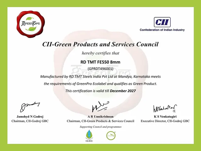 GreenPro certificate for RD TMT Fe 550 8 mm bars from the CII Green Products and Services Council