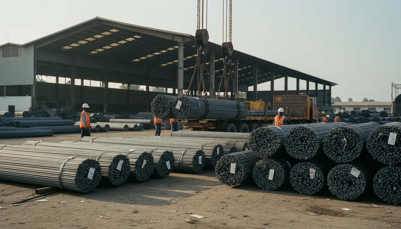 Bundles of TMT bars stacked in a stockyard ready for dispatch
