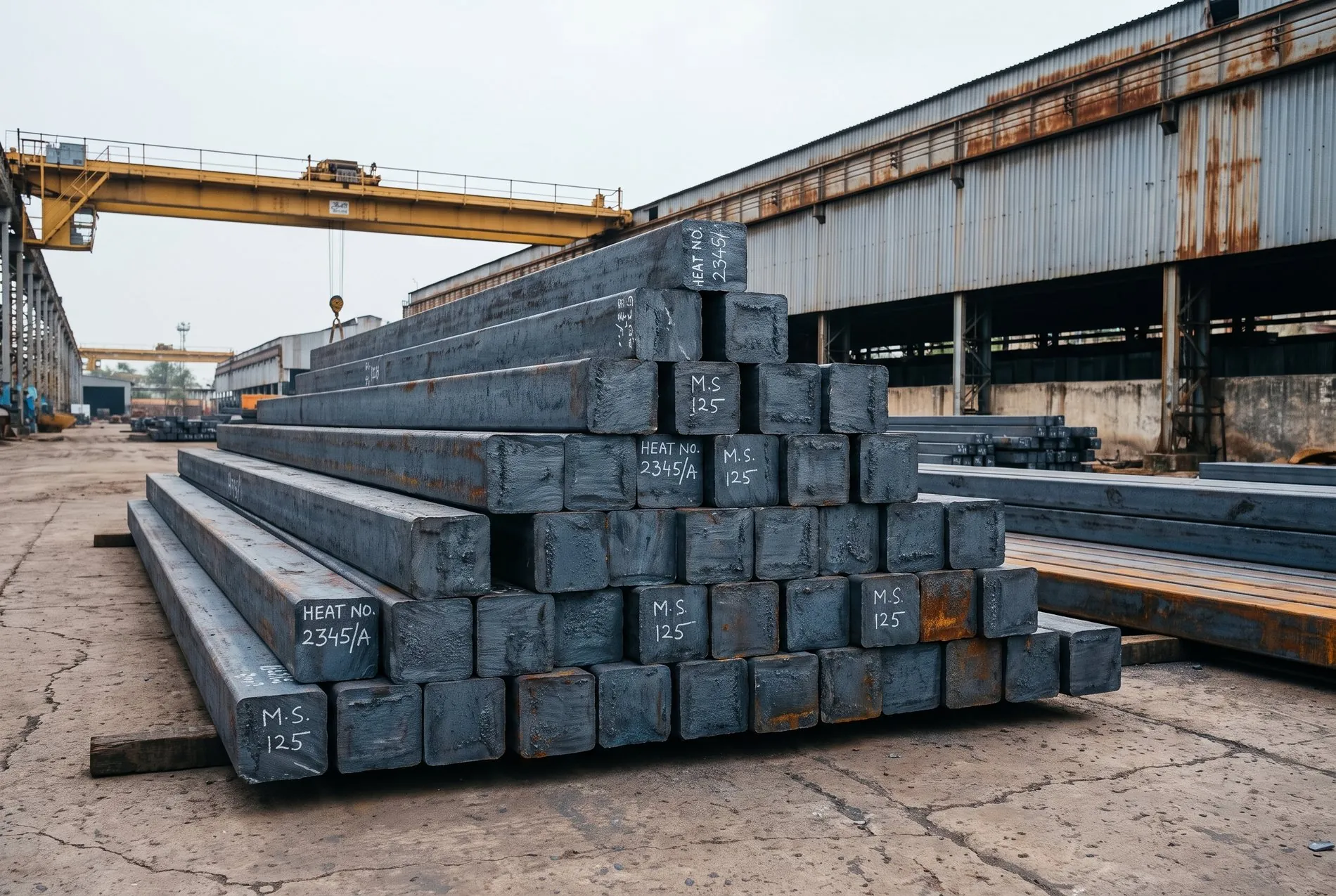 Square-section MS billets stacked in the RD TMT yard