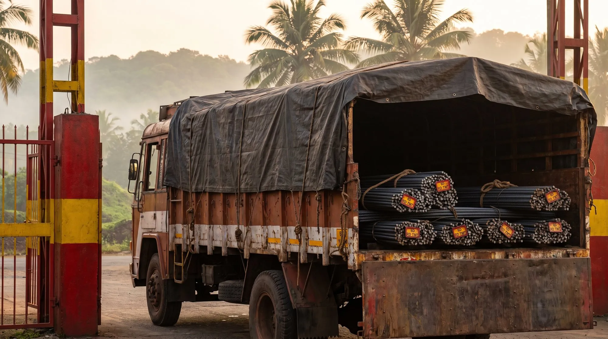 A loaded RD TMT lorry leaving the plant gate at dawn