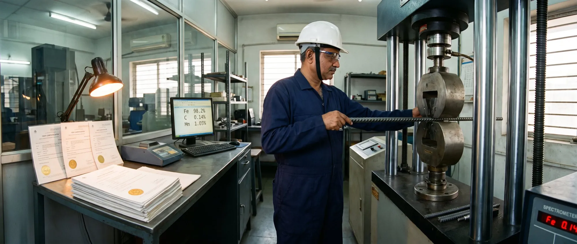 An RD TMT technician tensile-testing a rebar coupon beside the day's test certificates