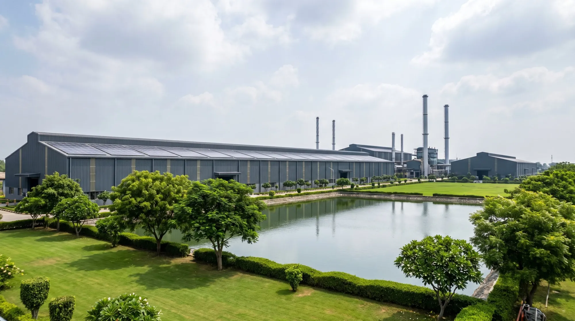 Rooftop solar and the rainwater pond at the works